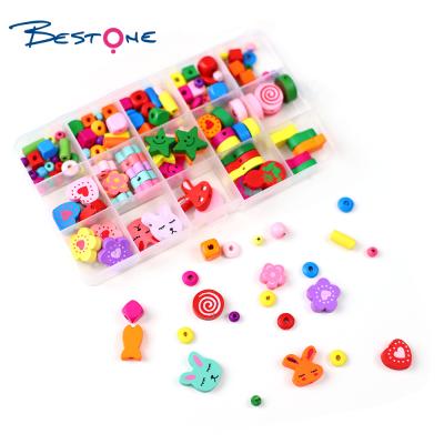 China E-Co Friendly Fashion Popular Bestone Multiple Shapes Wooden Beads Kids Set DIY Jewelry Making Bead Box Wood Kid Jewelry for sale