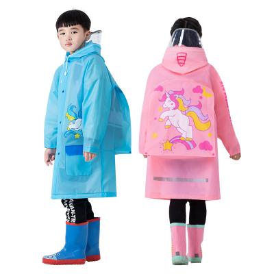 China Single-person Rainwear Waterproof Long Sleeve EVA Kids Raincoat with school bag protector for children students with hood and reflective lines for sale