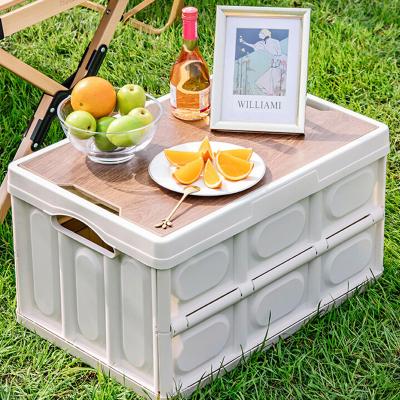 China Modern Foldable car trunk storage box bin cases for home household outdoor camping with handle and wooden lid for picnic table stool for sale