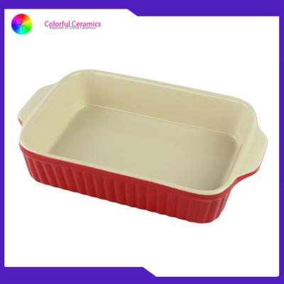 China Daily Usage Ceramic Baking Tray , Double Handles Rectangular Baking Plate Bake for sale