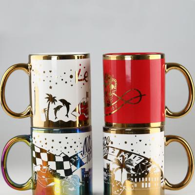 China Gold Rim Handle Ceramic Decal Coffee Mug Gold Plated Flower Creative Design for sale