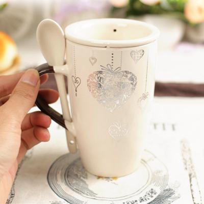 China High Ceramic Drum Printed Coffee Mugs Oven Safe With Lid Spoon Tea Set Suit for sale