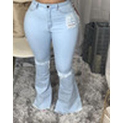 China MOQ OEM/ODM Manufacturer Women Denim QUICK DRY Bottom Pants Shapes Rocket Trend Bell Bottom Distressed Ripped Jeans for sale