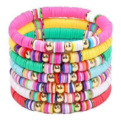 China TRENDY Friendship Beaded Bracelet For Women Surfer Bracelets Polymer Clay Rainbow Elastic Rope Heishi Bracelet Set Boho Jewelry for sale