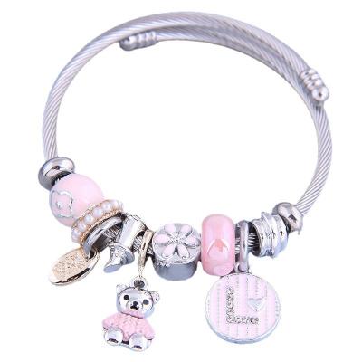 China New casual/sports Korean version of the stainless steel wire opening bracelet small fresh cute bear letter crystal bracelet for sale