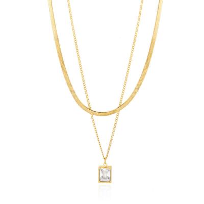 China Europe and the United States double layer single chain the new all steel female double layer wear square zircon titanium necklace for sale