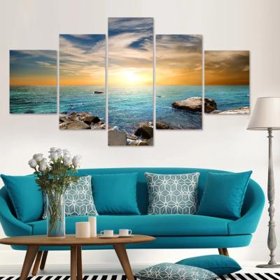 China 5 Panel Sunset Beach Landscape Painting Abstract Wall Art Deco Painting for sale