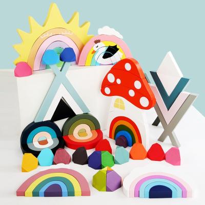 China New DIY TOY Wooden Rainbow Stacking Toy Wood Building Blocks Set for sale