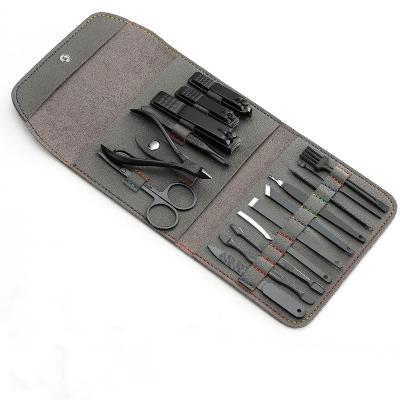 China Multifuntional 16 Pieces Nail Manicure Tools Black Multifunctional Cuticle Nail Clippers Set Nail Nipper Steel 16 PCS Kit With PU Pouch for sale