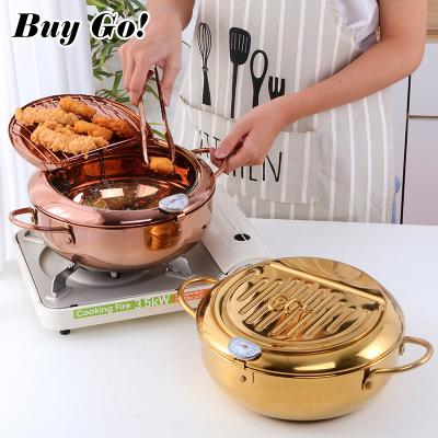 China Viable Deep Fryer Immersion Casserole With Thermometer Drip Cover Gold Stainless Steel Kitchen Cookware Tempura Oil Fryer Pot for sale