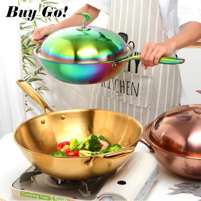 China Long Handle Kitchen Sustainable Frying Stainless Steel Pan Cooking Pot Non Stick Compound Steel Wok With Cover for sale