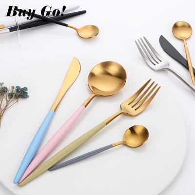 China Modern Wholesale Style 304 Stainless Steel Dinnerware Portuguese Nordic Cutlery Set Gold Flatware With Colorful Handle for sale