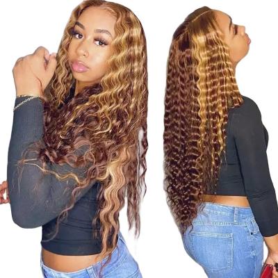 China Honey Brown Blonde Highlight Color Silky Straight Deep Wave Brazilian Virgin Hair Lace Wigs for sale