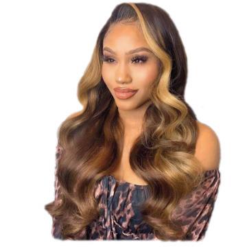 China Body Wave 13X4 Lace Front Piano Highlights Bodywave Wig Dark Brown Wig With Highlights Chocolate Blonde Highlight Hair Wig for sale