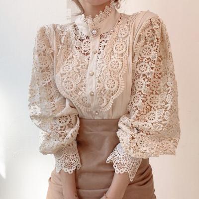 China Spring Casual Long Sleeve Ladies Shirts Embroidery Lace Stand Collar Button Up Blouse for sale