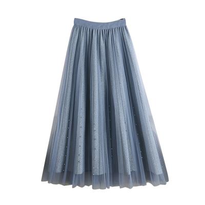 China Bright Silk Slim Midi Skirt Lining Bead Stitching Mesh Dress for Autumn And Winter Te koop