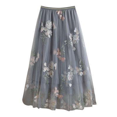 Chine New style high waist thin elastic waist big hem double-layer mesh embroidery mid-length skirt autumn and winter women's skirt W6 à vendre