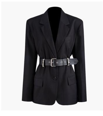 China Long Sleeves Ladies Blazer Jacket Button Embellished 100% Polyester Anti-Shrink Coat With Belt Te koop