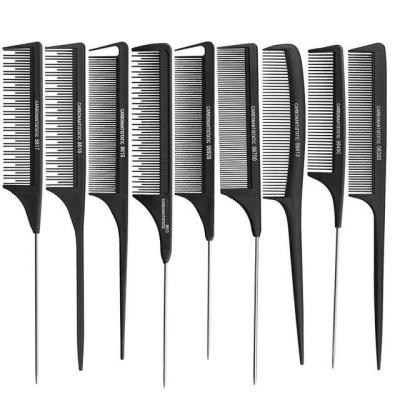 China Anti-Static Heat Resistant Hair Trimmer Salon Hair Cutting Combs Supply Carbon Hairdressing Metal Pin Tail Comb Full Style for sale