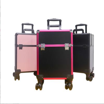 China Custonm 4 in1 Makeup Trolley Train Case Large Capacity Durable Rolling Aluminum Cosmetic Box for sale