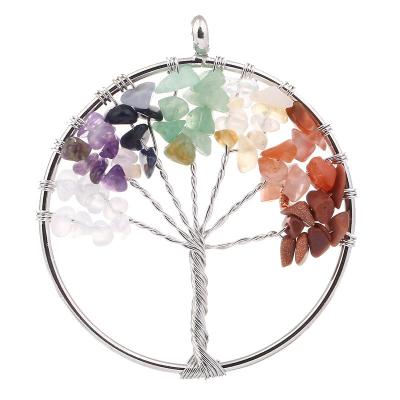 China Europe and America Fashion Rounded Crushed Stone Tree of Life Chakra Crystal Gemstone Gravel 5CM Metal Pendant Necklace for sale