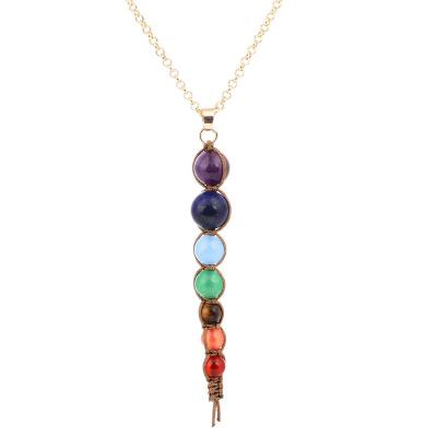 China Europe and America Colorful Seven Color Bead String Shambhala Woven Chakra Amethyst Sweater Pendant Necklace for sale