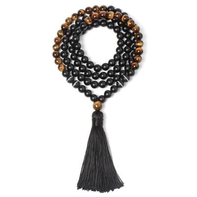 China Europe and America Islamic Muslims Beaded Beads Tiger Eye Stone Black Gemstone Yoga Handmade Tassel Mala Necklace for sale