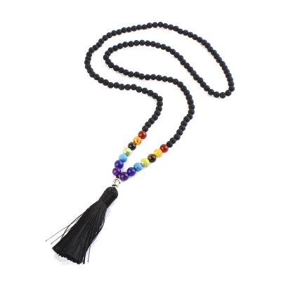 China Simple Yoga Volcanic Stone Fragrant Beaded Tassel Wheel Europe and America 2Pcs Pearl Pendant Necklace For Women for sale