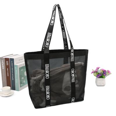 China Custom Black Mesh Beach Tote Bag Clear Logo Wholesale Reusable Nylon Travel Show for sale