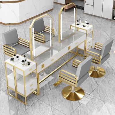 China Modern Barber Chair Makeup Hairdressing Table Hair Salon Mirror Cabinet Barber Shop Marble Table Set With Drawer for sale