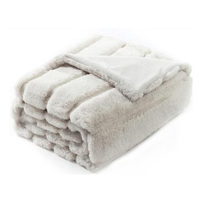 China Soft Touch Anti Dust Mite Sofa Couch Striped Rabbit Faux Fur Double Layer Warm Bed Blanket For Winter for sale