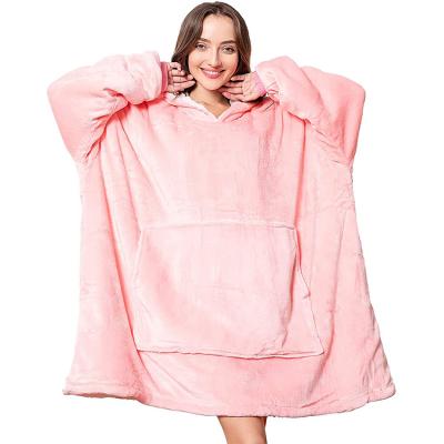 China Anti Dust Mite Hand Feel Flannel Sherpa Dual Layer Soft Smooth Wearable Oversized Hoodie Blanket With Sleeves for sale