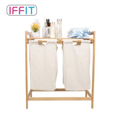 China Stored Bamboo Laundry Hamper And Multifunctional Bamboo Shelf 2 Sections Dirty Laundry Hamper for sale