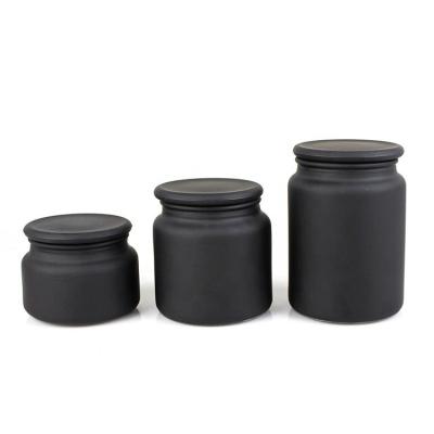 China Candle Container 300ml 500ml 700ml Empty Matte Black Frosted Glass Candle Jar With Glass Lid for sale