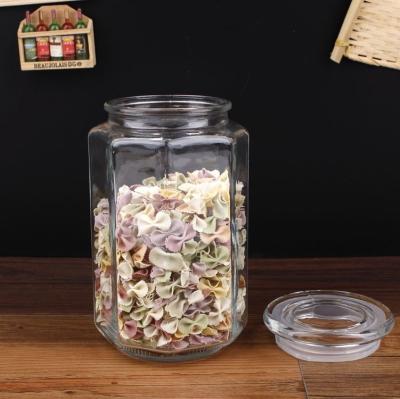 China Freshness Preservation 1100ml Food Grade Wholesale Hexagon Storage Jar Glass Airtight Container With Flat Glass Lid for sale