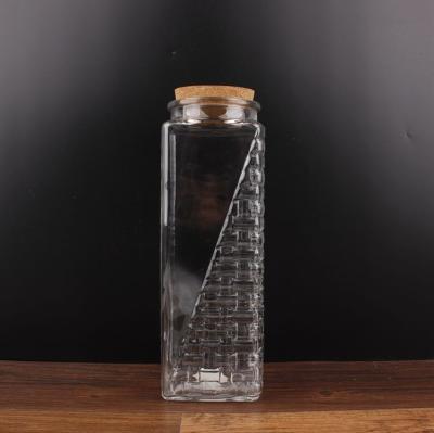 China Freshness Preservation 2300ml Cork Top Lid Square Embossed Glass Storage Container For Kitchen Home Use for sale