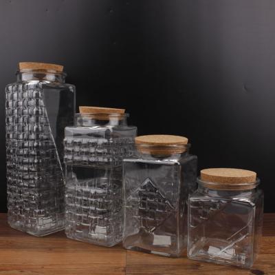 China New Arrival 2.3L Woven Freshness Preservation Home Storage Square Shape Glass Jar With Cork Lid For Cookie Candy Chocolate Food for sale