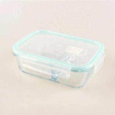 China Sustainable Hot Sale 2 Compartment Rectangular Glass Lunch Box With BPA Free Flange PP Lid for sale