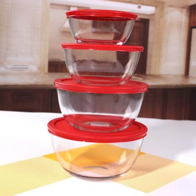 China 4PCS disposable cheap glass bowl set with plastic lids, glass salad bowl for wholesale for sale