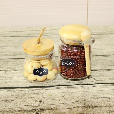 China Mini Viable Promotional Chalkboard Mason Mug Glass Honey/Jam/Yogurt/Food Jar with Spoon and Bamboo Lid 200ml 150ml for sale