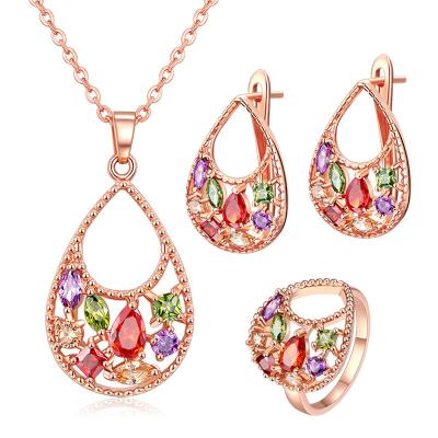 China Christmas FASHIONABLE Zircon Ornament Colorful Zircon Necklace Earring Ring Three Piece Set Rose Gold Small Colorful Zircon Drop Water Set for sale