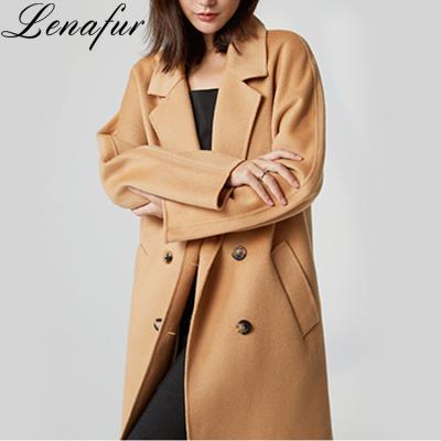 China 100% Soft Anti-Shrink Winter Long Double Face Lamb Sheep Cashmere Wool Khaki Fur Coat For Women for sale