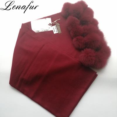 China Custom Real Soft Fox Fur Pompom Ball Sheep Cashmere Fur Shawls Long Scarf For Women for sale