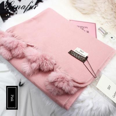 China Winter Soft Women Shawl Wrap Rabbit Fur Pom Poms Tassels Cashmere Warmer Scarves for sale