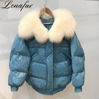 China Lady Korean Viable Style Short Shiny Shell Thicker Warmer White Duck Down Fox Fur Feather Padded Collar Down Jackets Coat For Women for sale