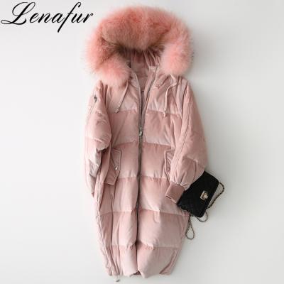 China Women Anti Shrink Warm Pink Long Duck Down Feather Padded Fox 90% White Oversized Light Blue Fur Collar Down Jackets Coat Overcoat for sale