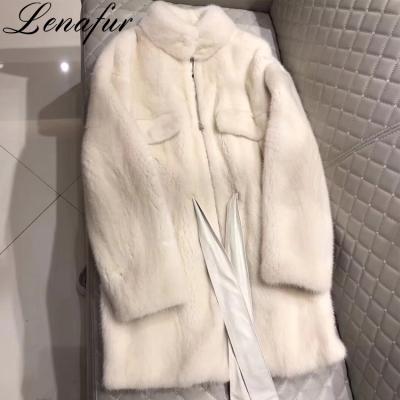 China Warmer Gray Beige Color Long Luxury Natural Real Mink Fur Jacket Coat Anti-Shrink Winter Stand Collar Zipper With Belt For Women for sale