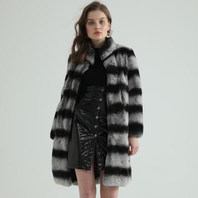 China Custom Made Soft Fashion Real Black Gray Stripe One Whole Leather Rabbit Fur Coat For Women for sale