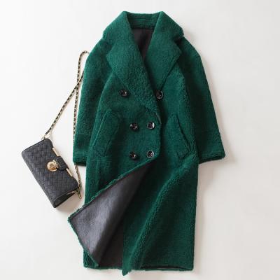 China Green Color Anti-Shrink Shearling Coat, Lambskin Double Face Wool Leather Fur Coat For Women for sale