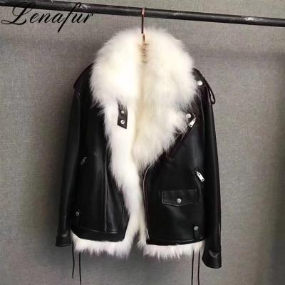 China Anti-Shrink Italian Women's Short Two-in-One Real Fox Fur Coating Lamb Genuine Sheepskin Leather Bomber Jacket Coat Leather Jacket for sale